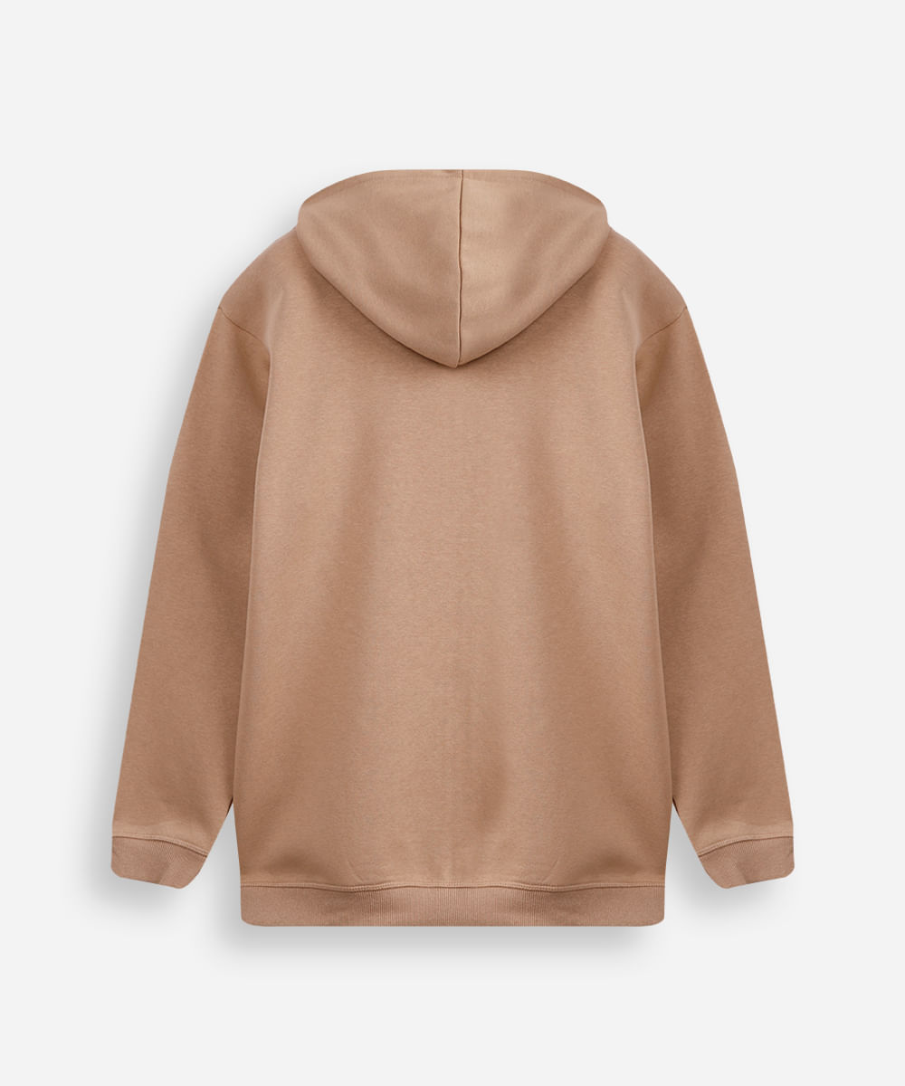 jaqueta oversized juvenil de moletom com capuz e bolso bege