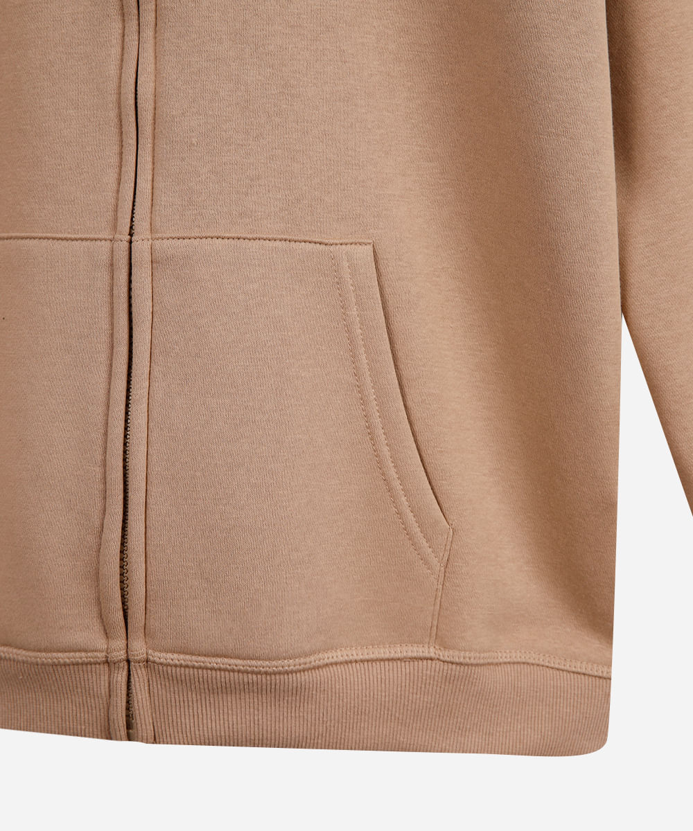 jaqueta oversized juvenil de moletom com capuz e bolso bege
