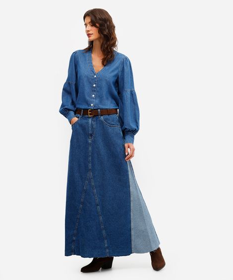 saia longa evasê feminina jeans com recorte azul