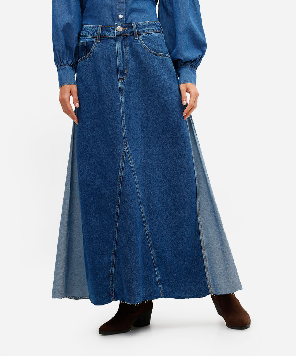 saia longa evasê feminina jeans com recorte azul