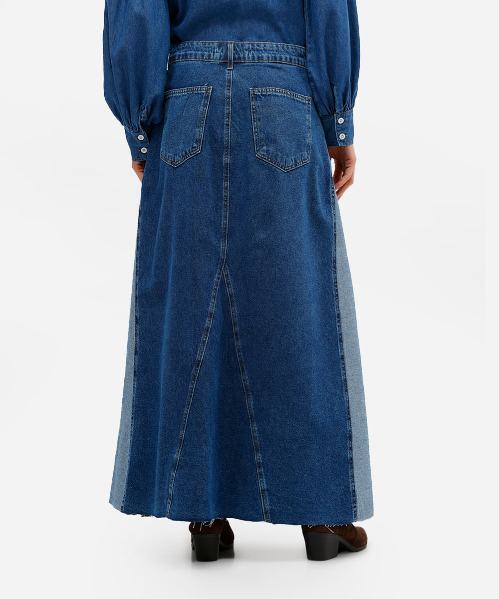 saia longa evasê feminina jeans com recorte azul