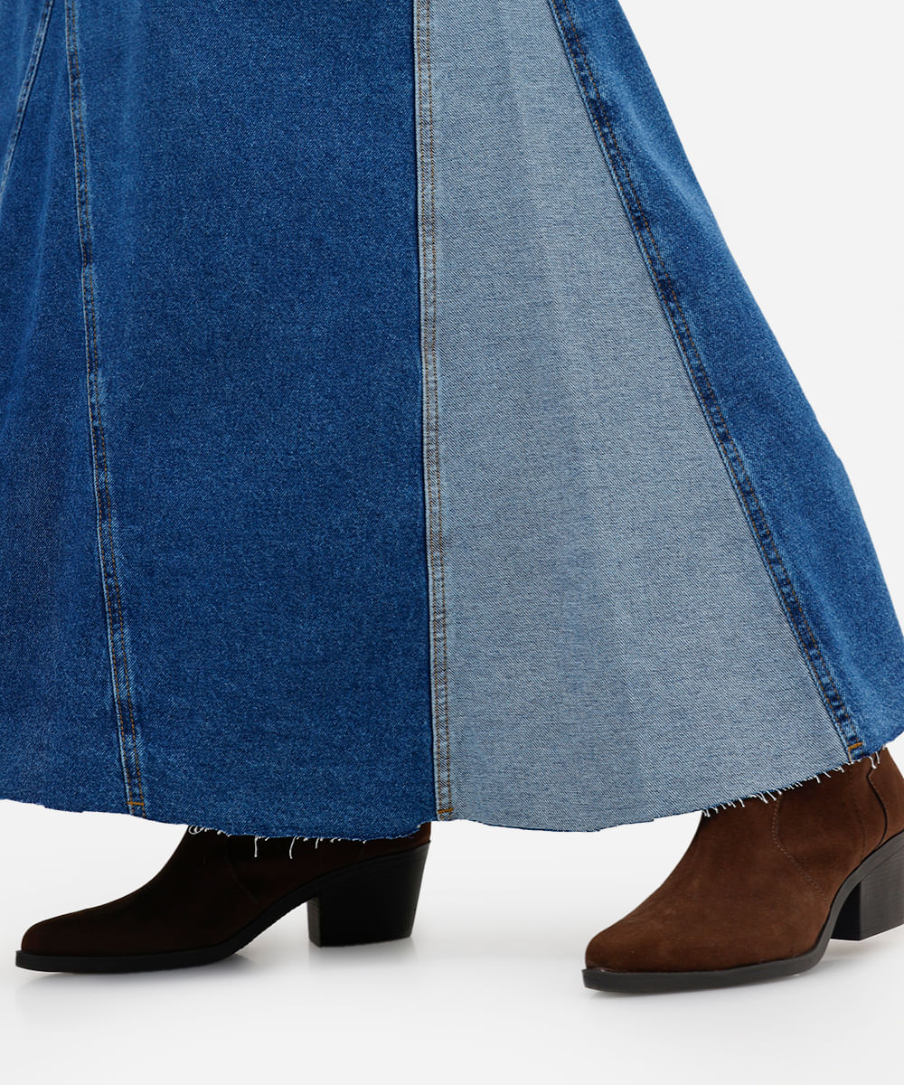 saia longa evasê feminina jeans com recorte azul
