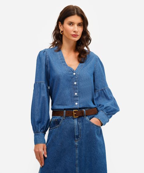 camisa feminina jeans decote v manga bufante azul