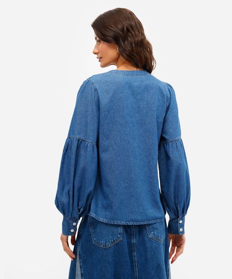 camisa feminina jeans decote v manga bufante azul
