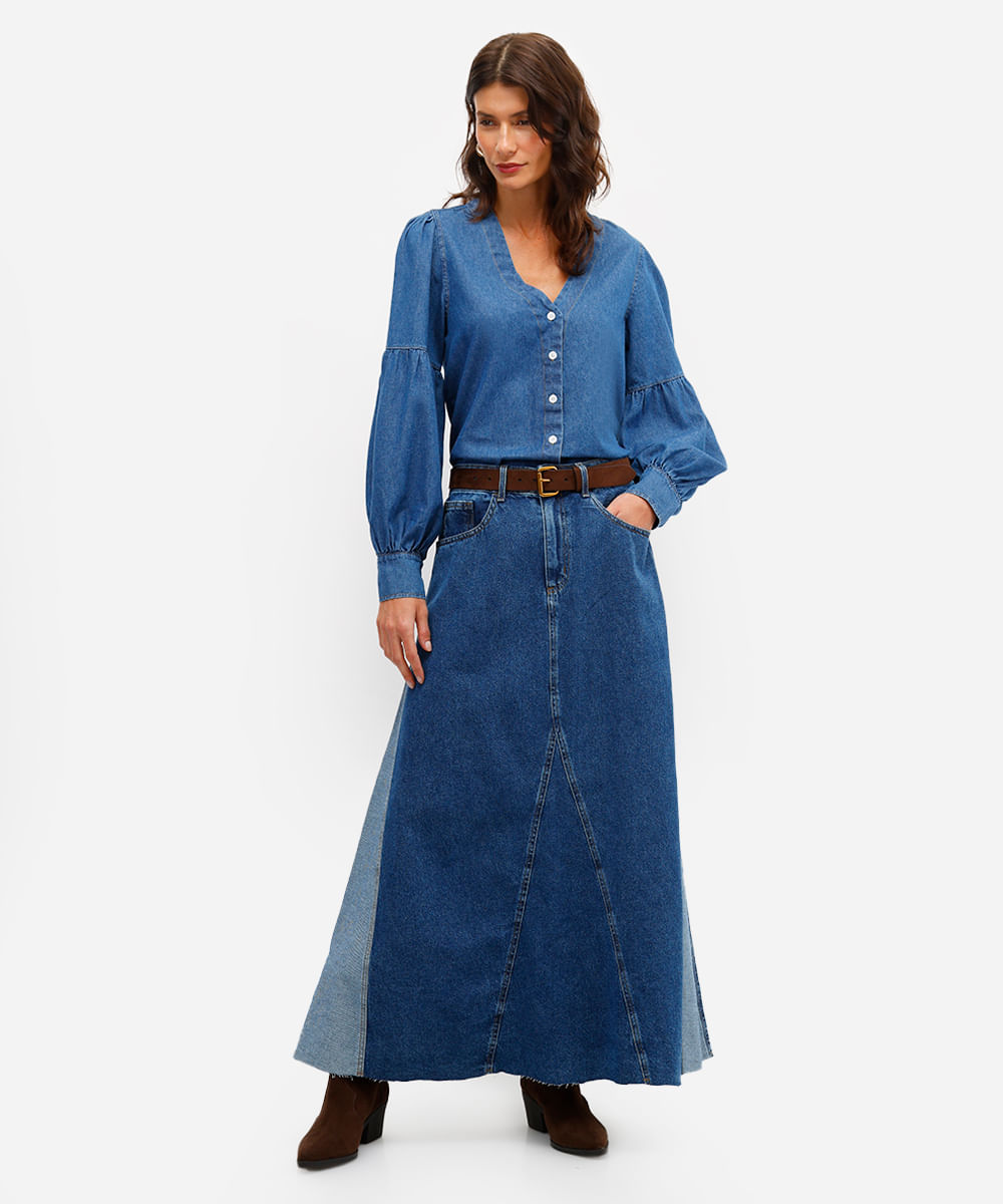 camisa feminina jeans decote v manga bufante azul