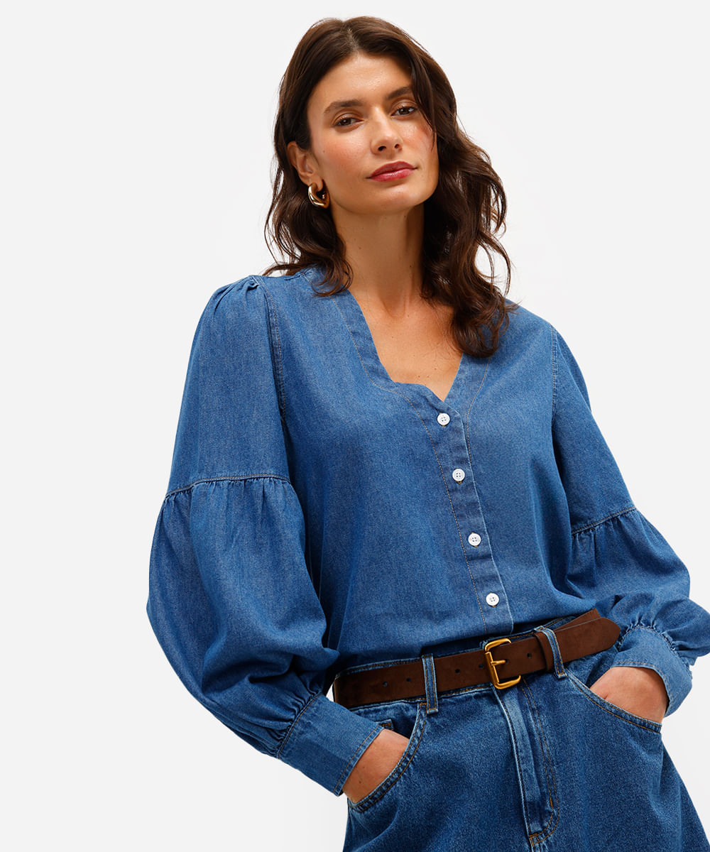 camisa feminina jeans decote v manga bufante azul