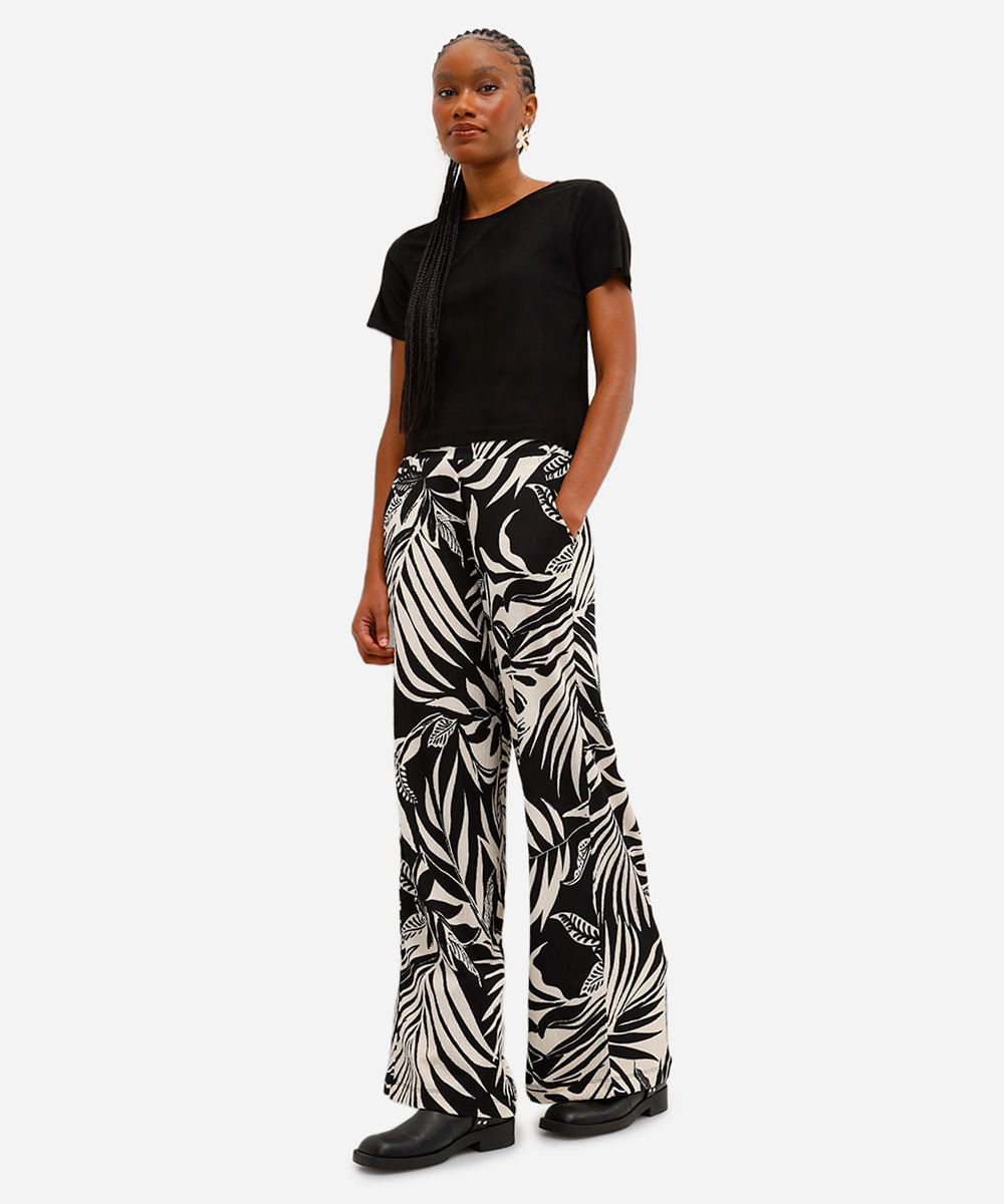 calça wide leg feminina folhagem folhagens bege