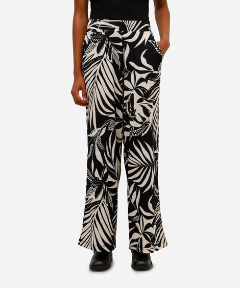 calça wide leg feminina folhagem folhagens bege