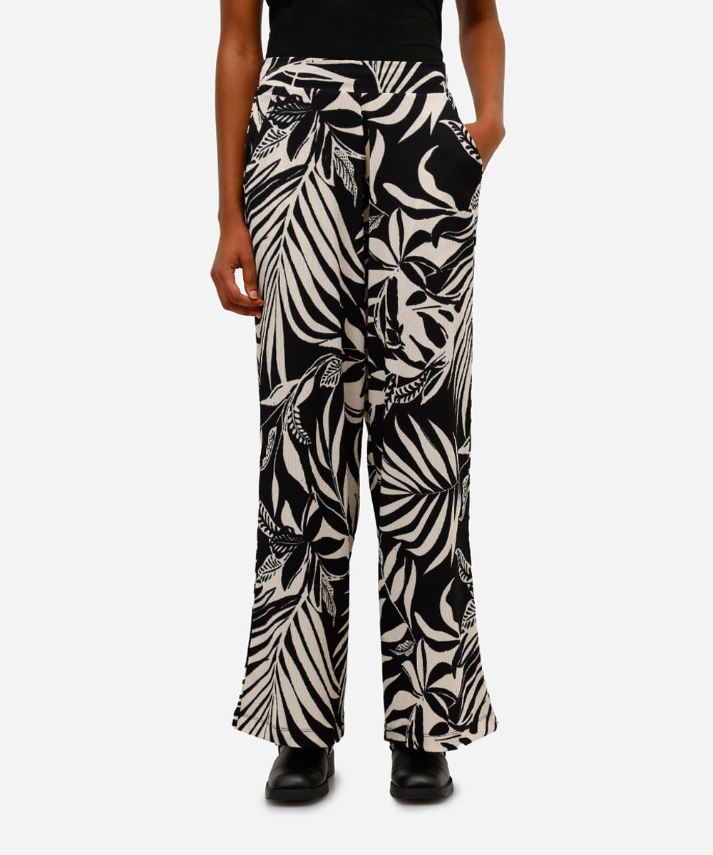 calça wide leg feminina folhagem folhagens bege