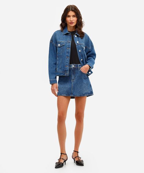 minissaia feminina jeans com brilhos azul