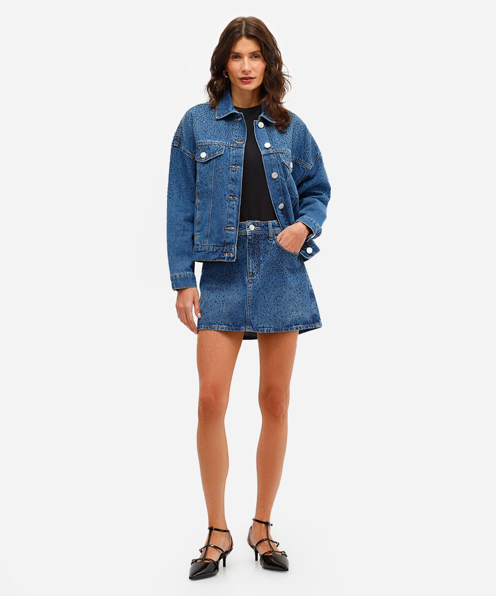 minissaia feminina jeans com brilhos azul