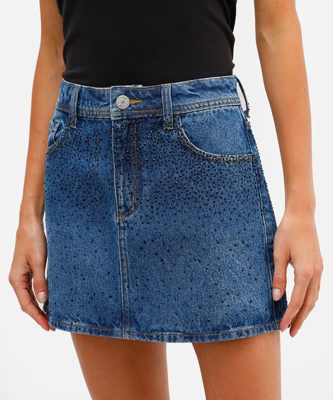 minissaia feminina jeans com brilhos azul