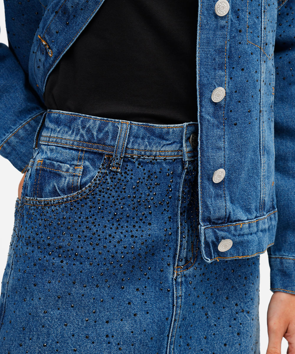 minissaia feminina jeans com brilhos azul