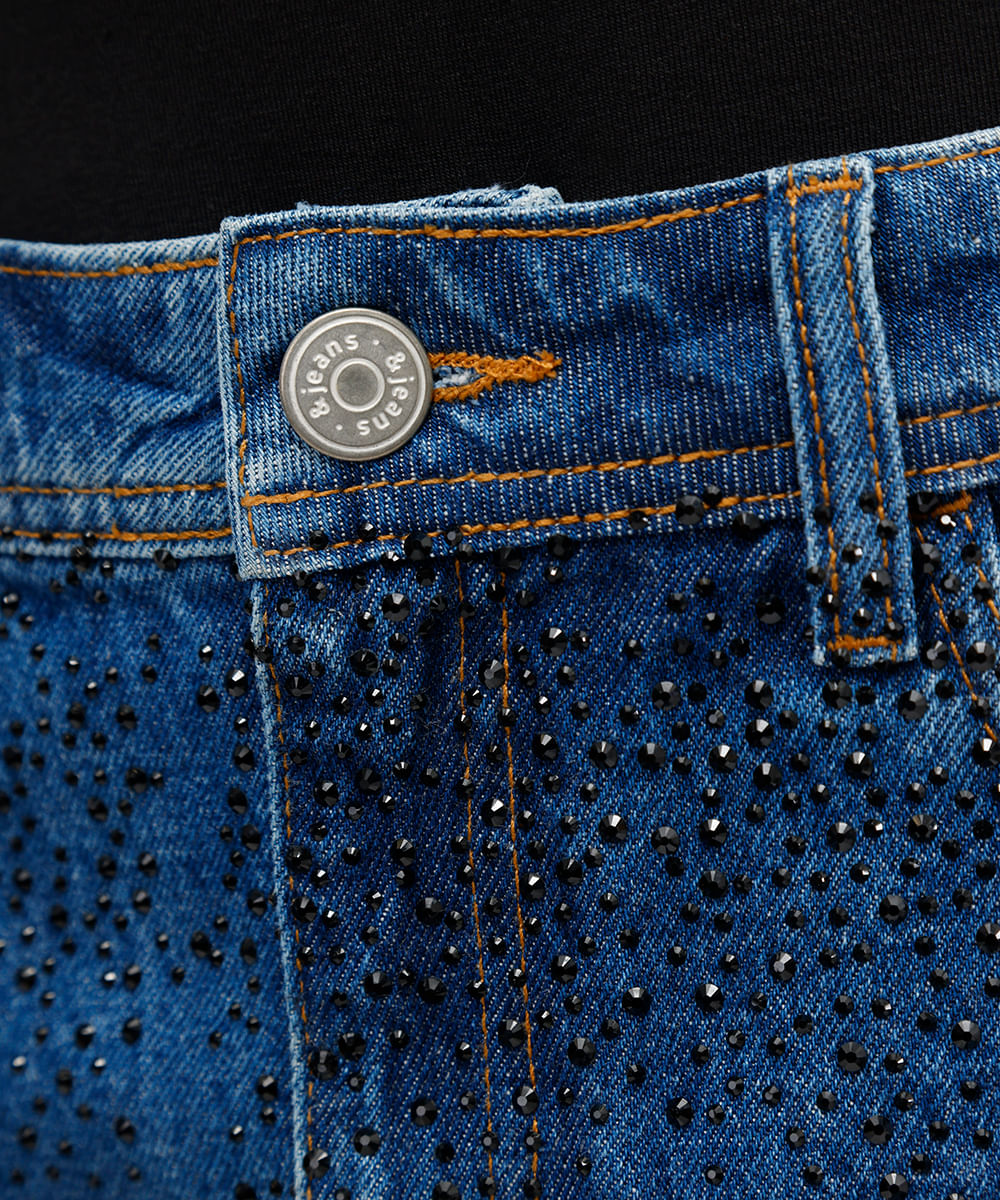 minissaia feminina jeans com brilhos azul