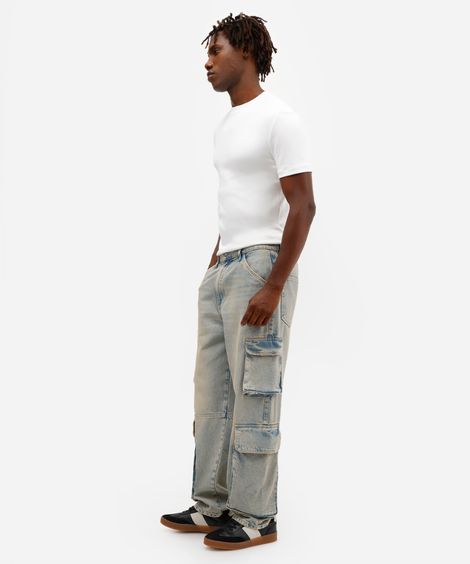 calça cargo masculina jeans dirty azul