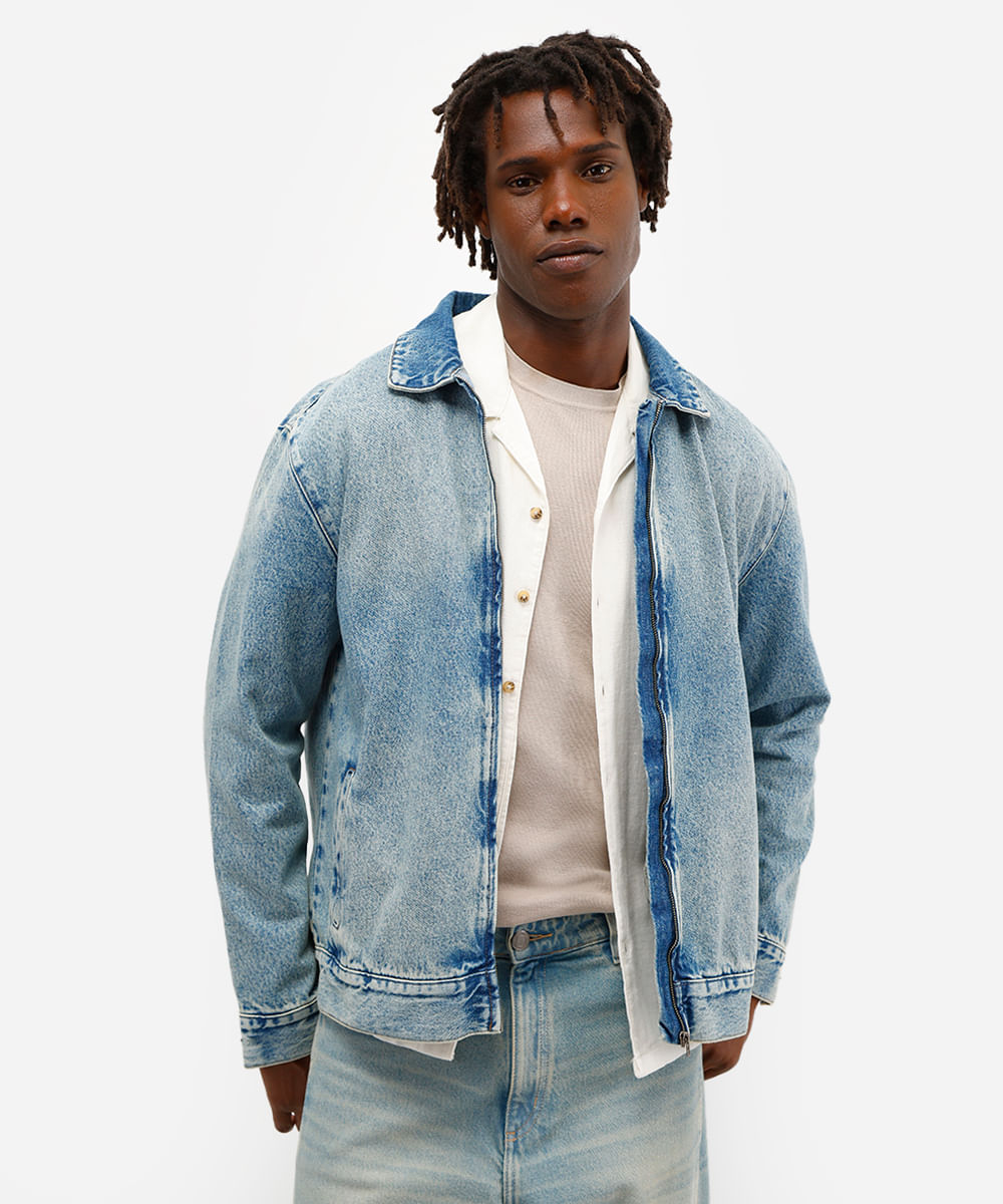 jaqueta masculina jeans com zíper azul
