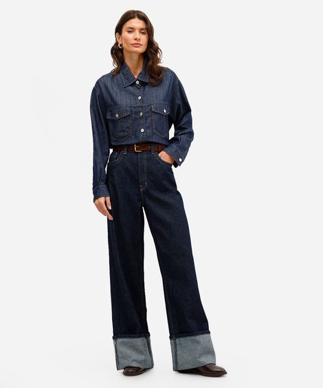 calça wide leg feminina jeans barra dobrada azul