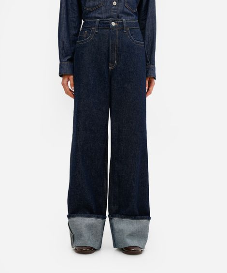 calça wide leg feminina jeans barra dobrada azul