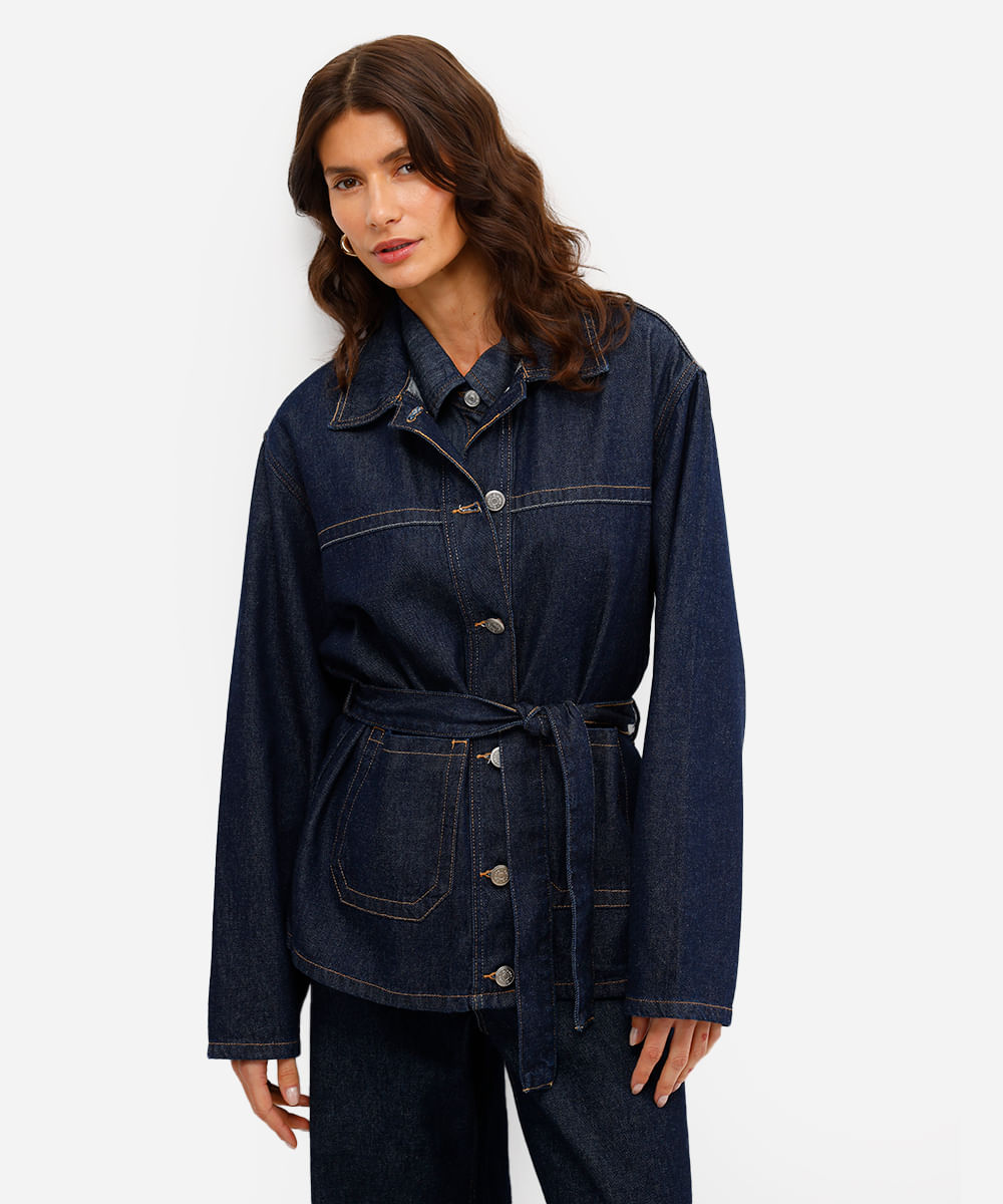 parka feminina jeans com faixa azul