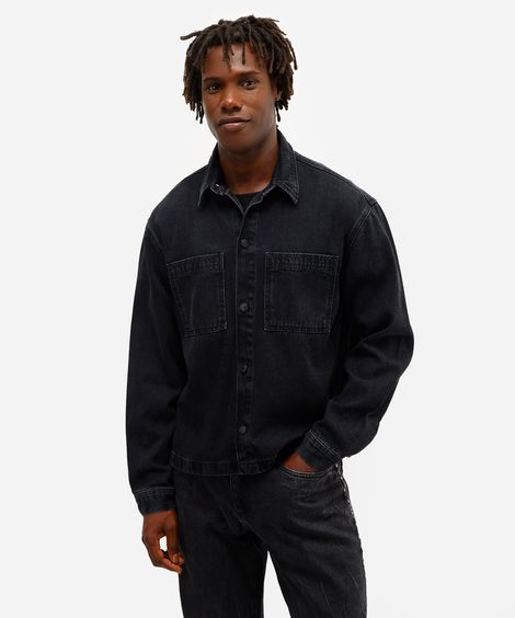 camisa overshirt masculina jeans preta
