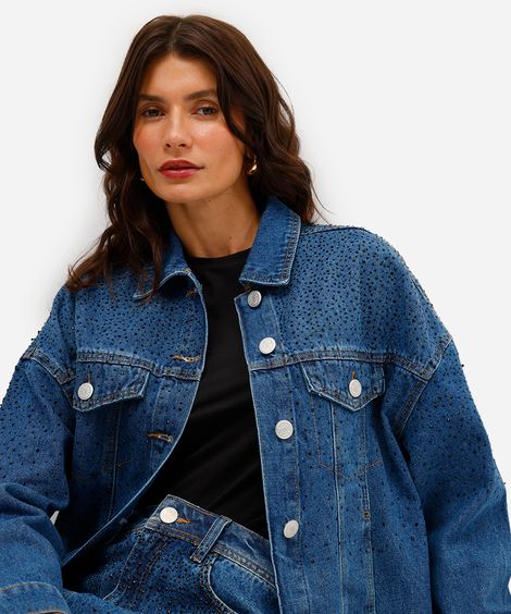 jaqueta feminina jeans com brilhos azul