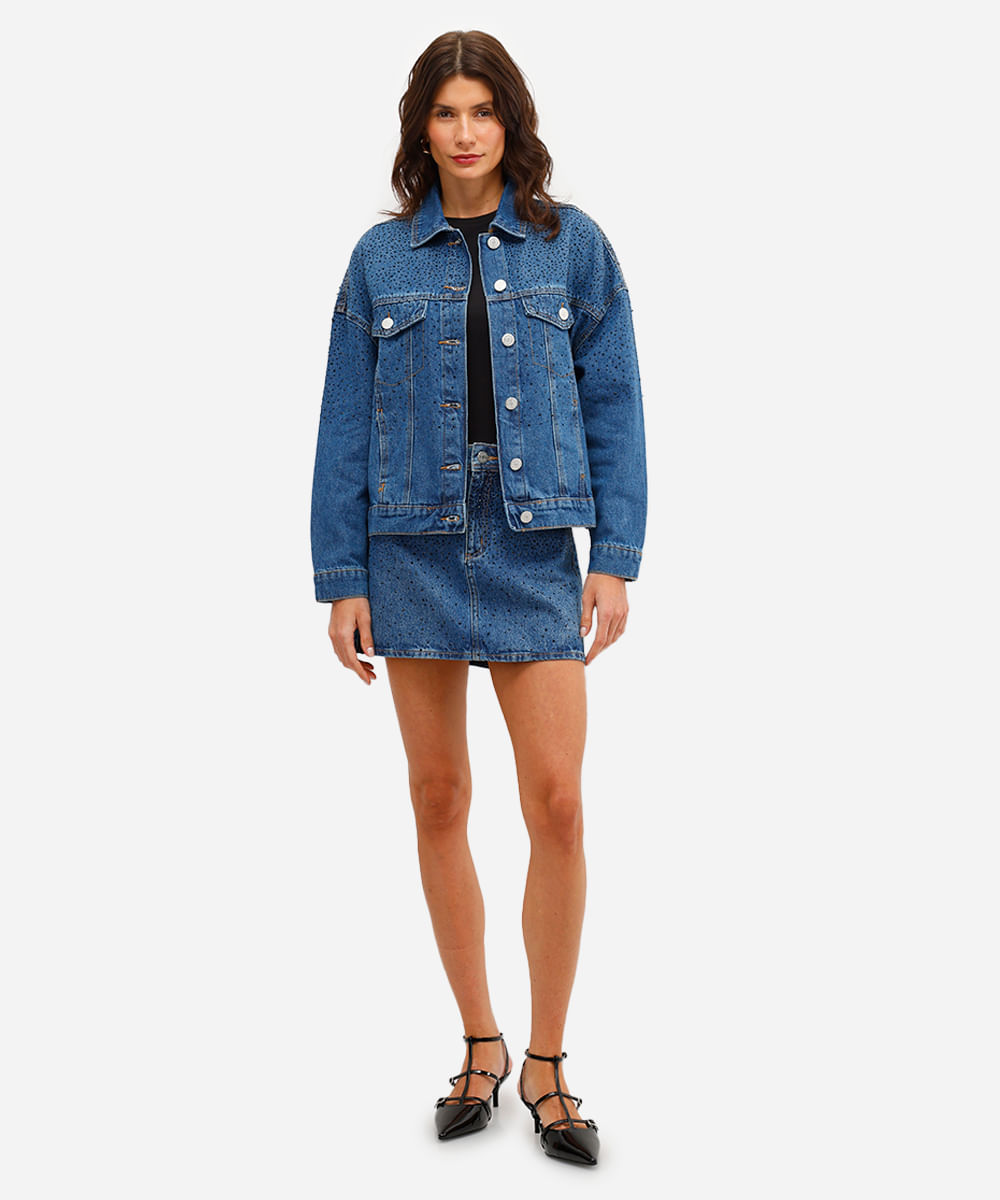 jaqueta feminina jeans com brilhos azul