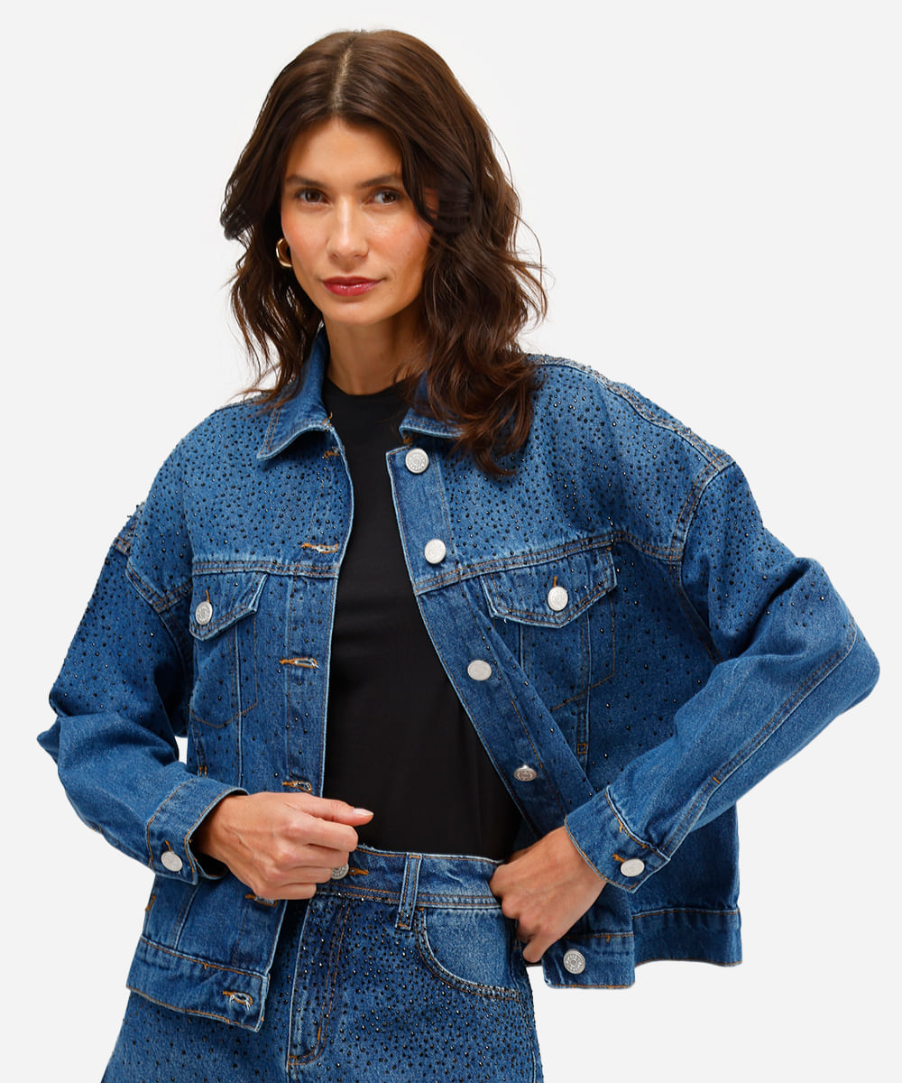 jaqueta feminina jeans com brilhos azul