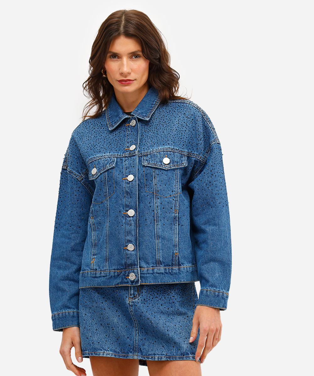jaqueta feminina jeans com brilhos azul