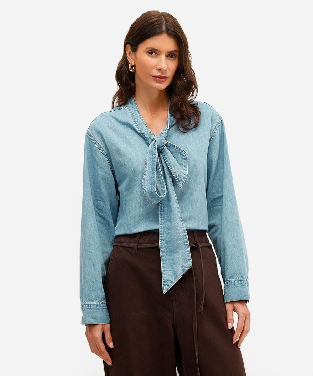 camisa feminina jeans manga longa com laço azul