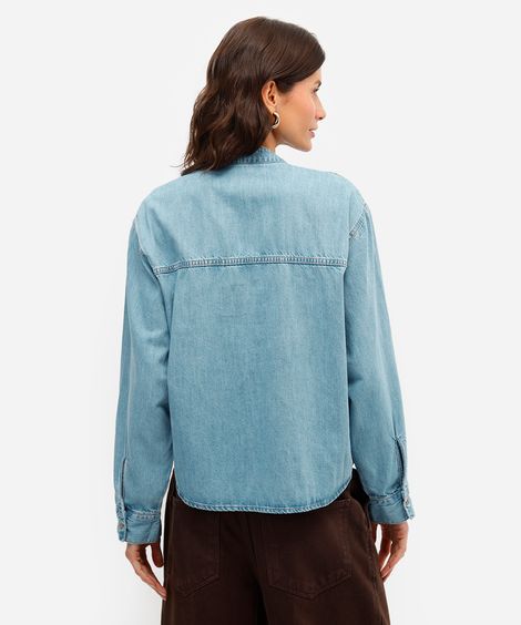 camisa feminina jeans manga longa com laço azul