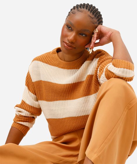 suéter feminino de tricot listrado bege