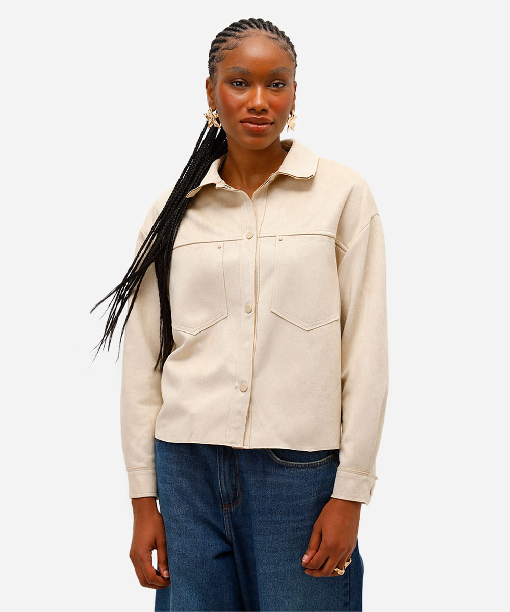 jaqueta feminina de suede com bolsos bege