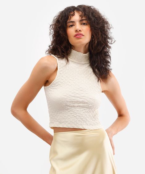 cropped feminino gola alta texturizado bege