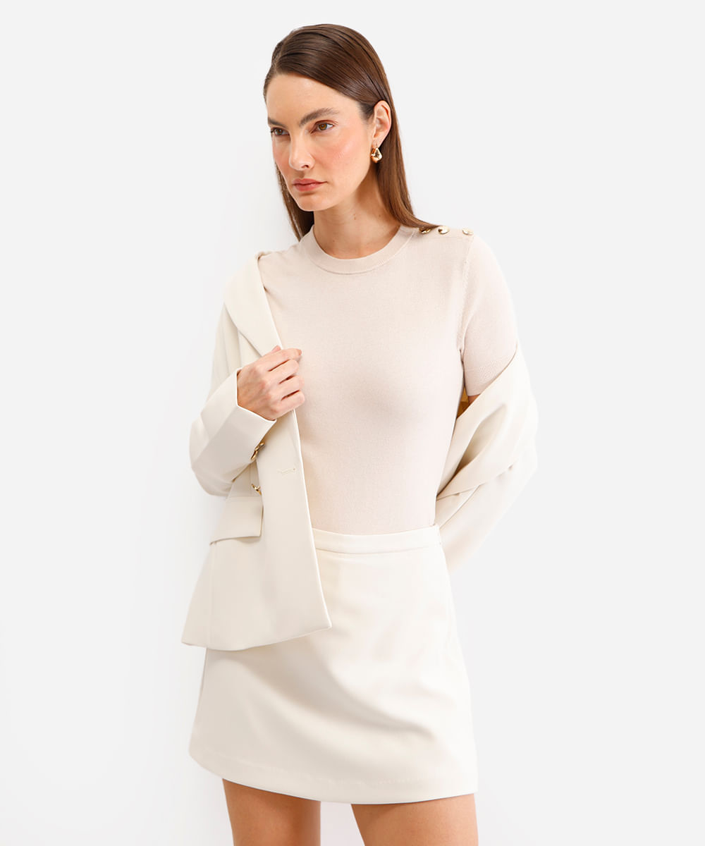 blusa feminina de tricot com botões bege