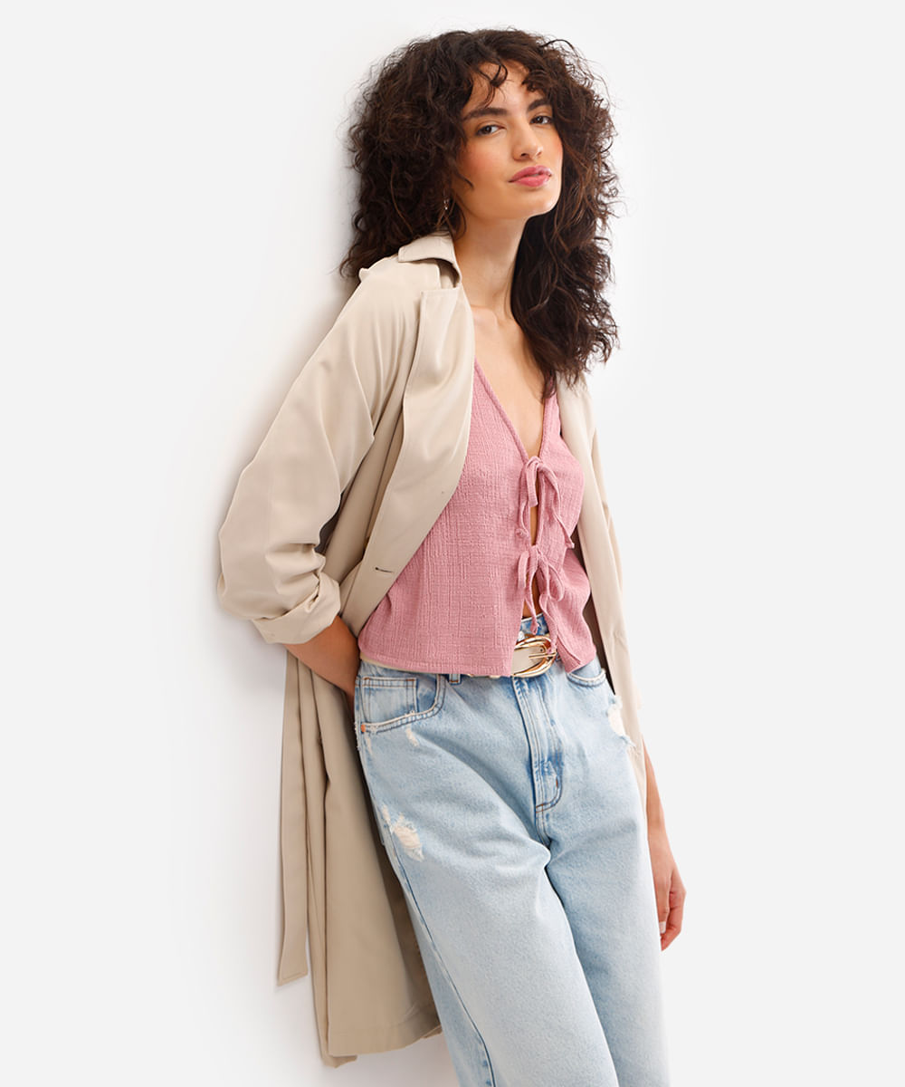 blusa feminina texturizada com amarração rosa