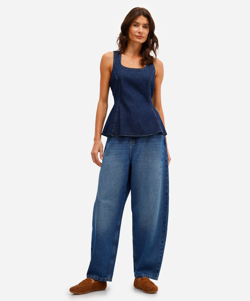 calça balloon feminina jeans cintura alta azul