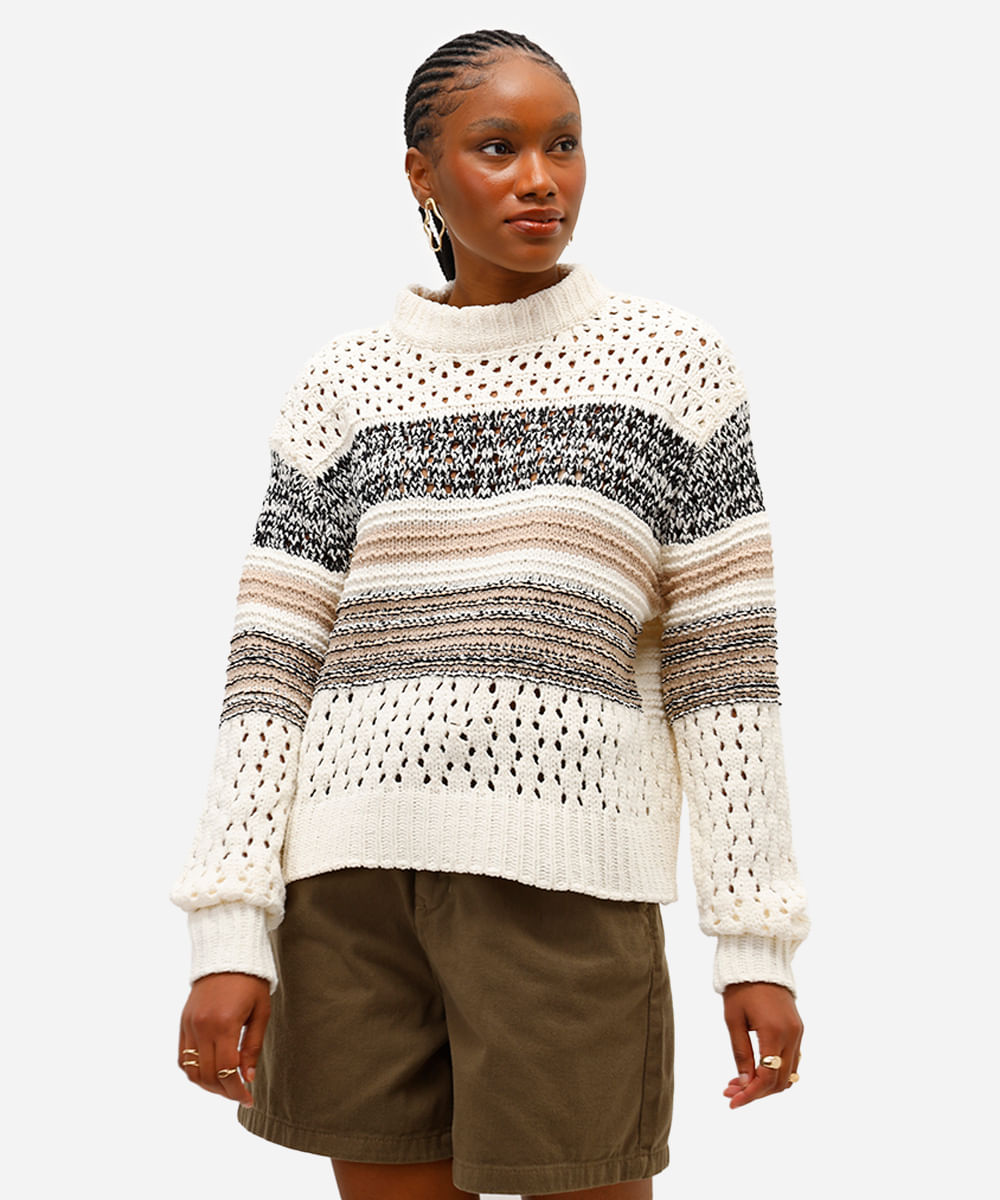 suéter feminino de tricot listrado off white