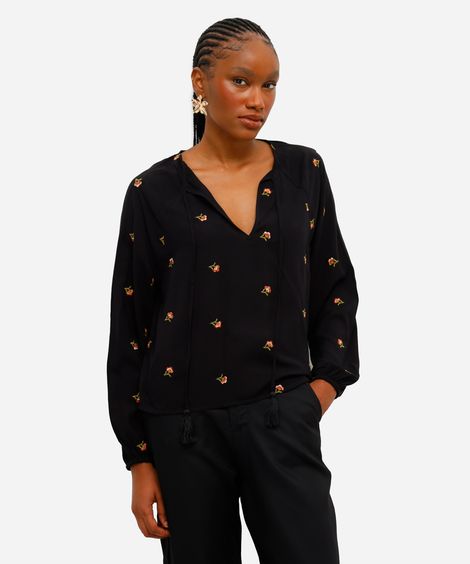 bata feminina de viscose com bordados florais preta