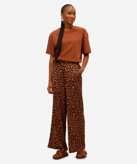 calça wide leg feminina animal print texturizada marrom