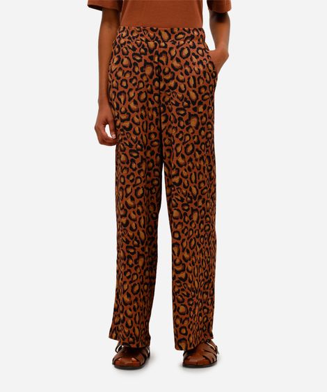 calça wide leg feminina animal print texturizada marrom