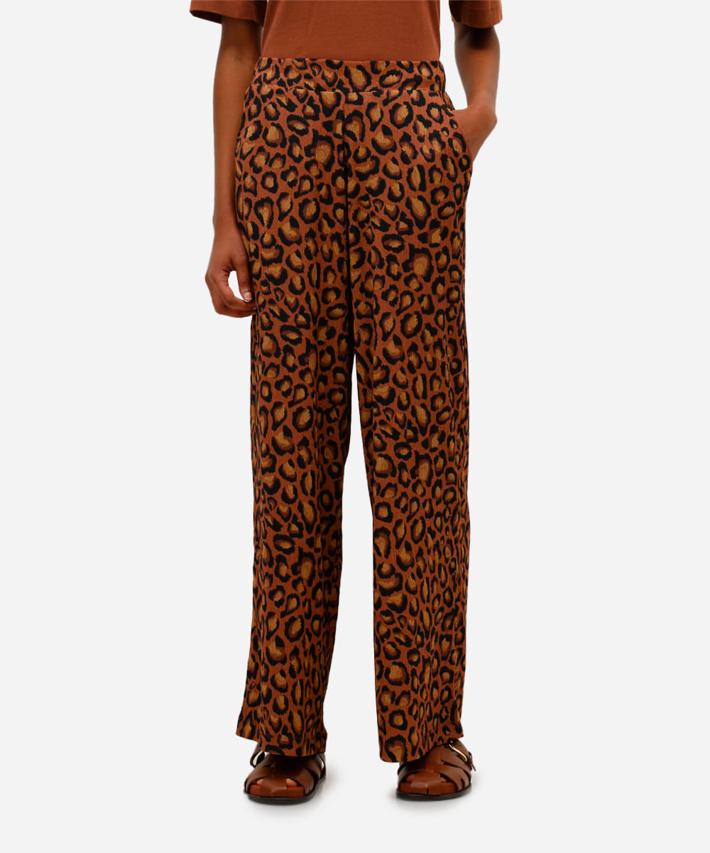 calça wide leg feminina animal print texturizada marrom