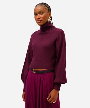 suéter de tricot cropped gola alta roxo