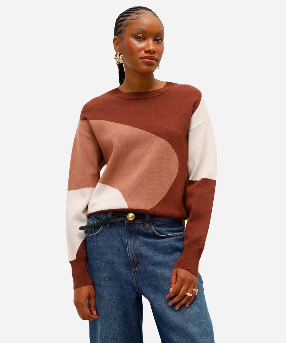 suéter feminino de tricot  abstrato marrom
