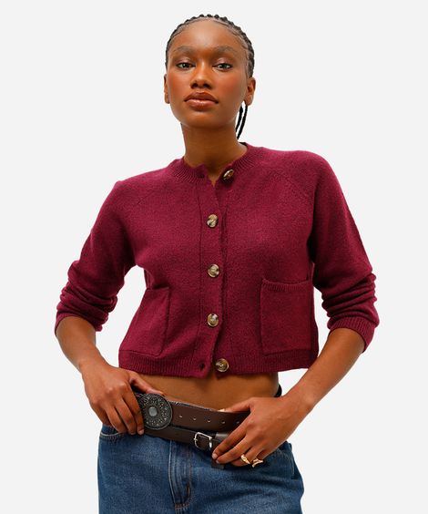 cardigan feminino de tricot com bolsos vinho