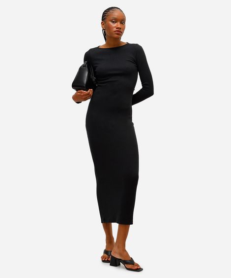 vestido midi feminino manga longa texturizado preto