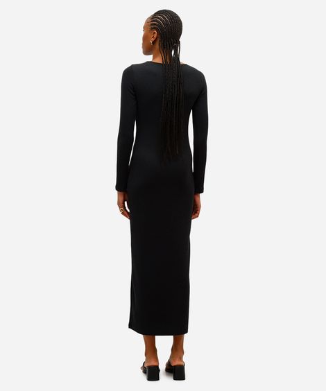 vestido midi feminino manga longa texturizado preto