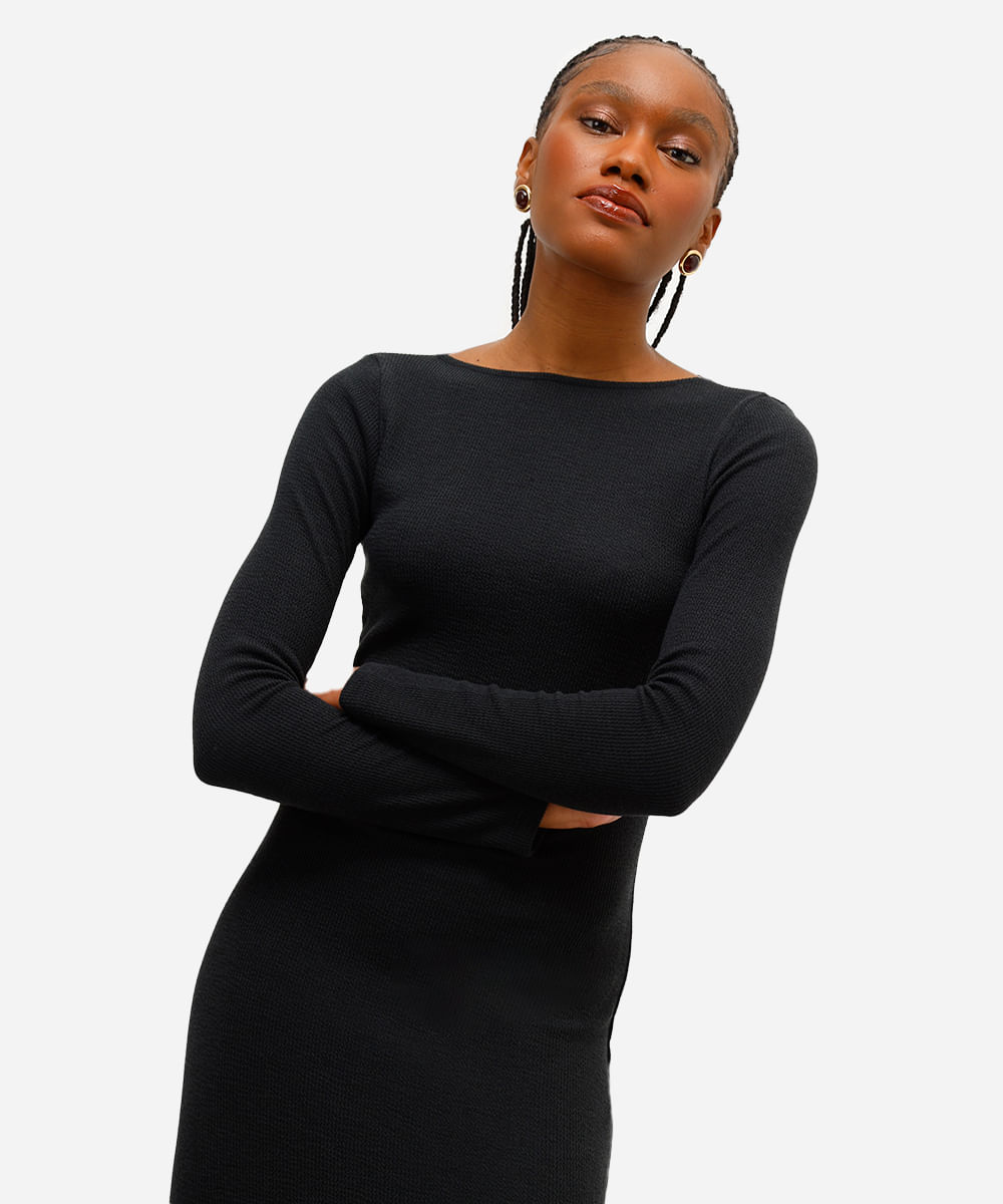 vestido midi feminino manga longa texturizado preto