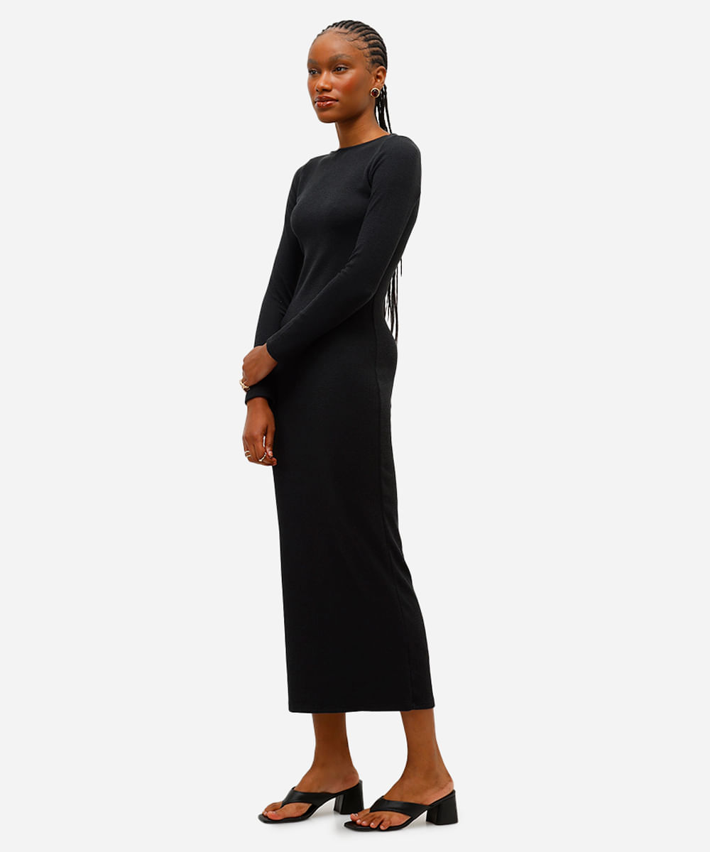 vestido midi feminino manga longa texturizado preto