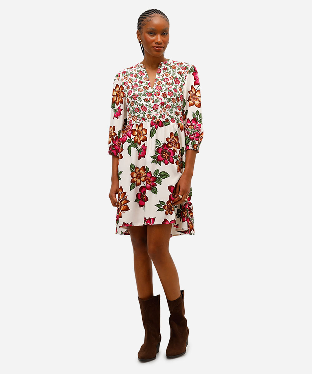 vestido curto feminino de viscose floral off white