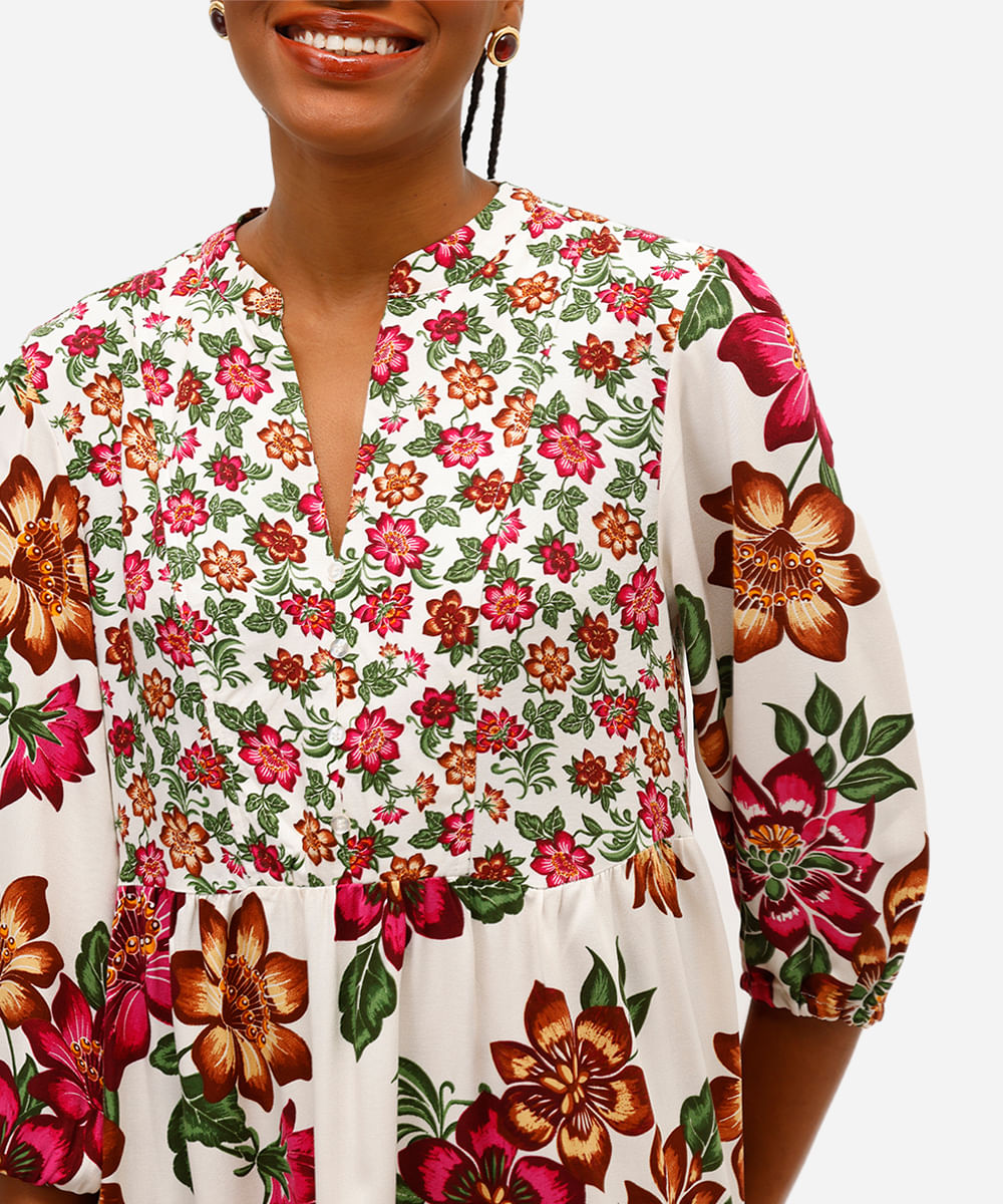 vestido curto feminino de viscose floral off white
